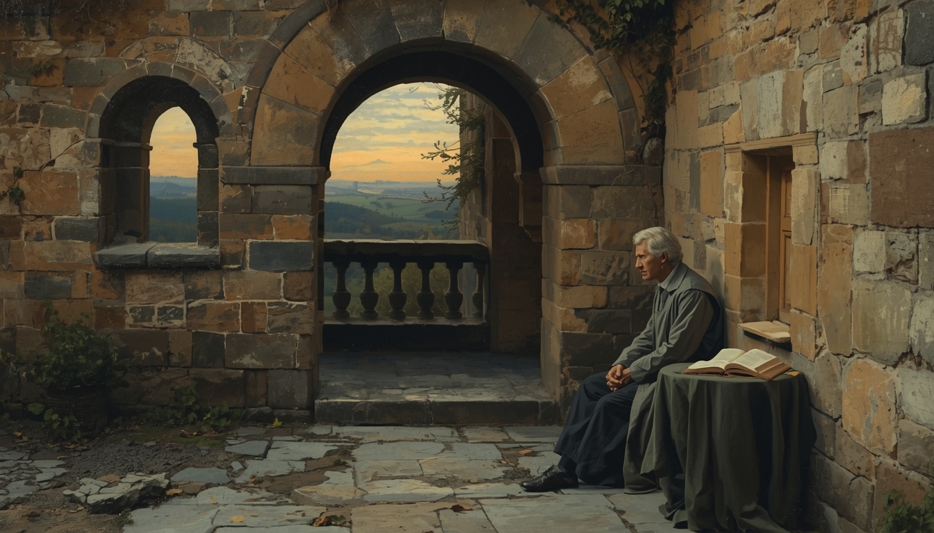 A figure seated in a stone courtyard at dusk, an open book beside an untouched cup — The Unfinished Question